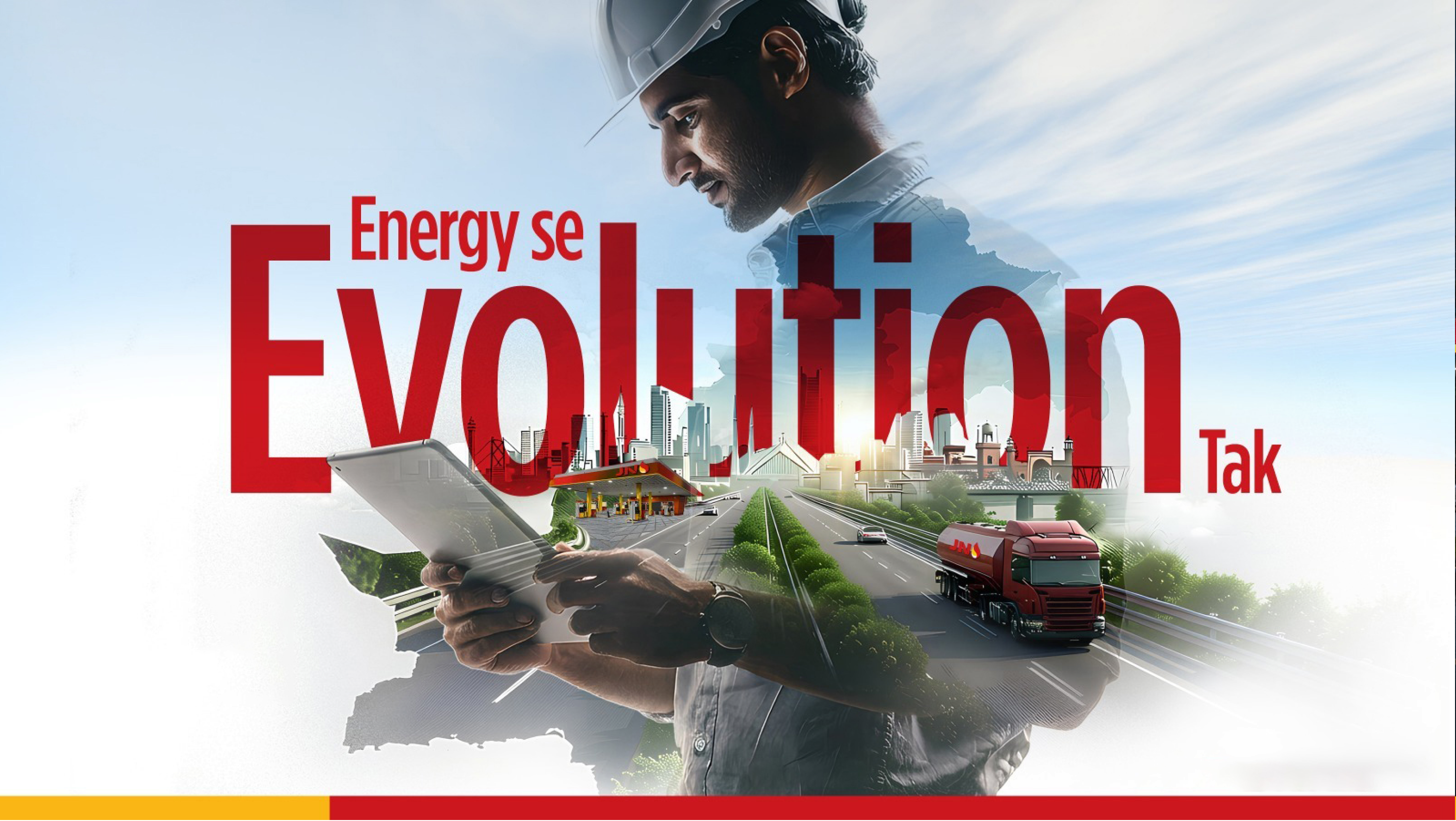 Engineer with map, skyline, tanker and JN station — Energy se Evolution Tak