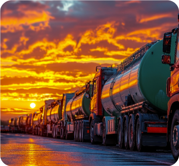 Fuel tankers lined up at sunset